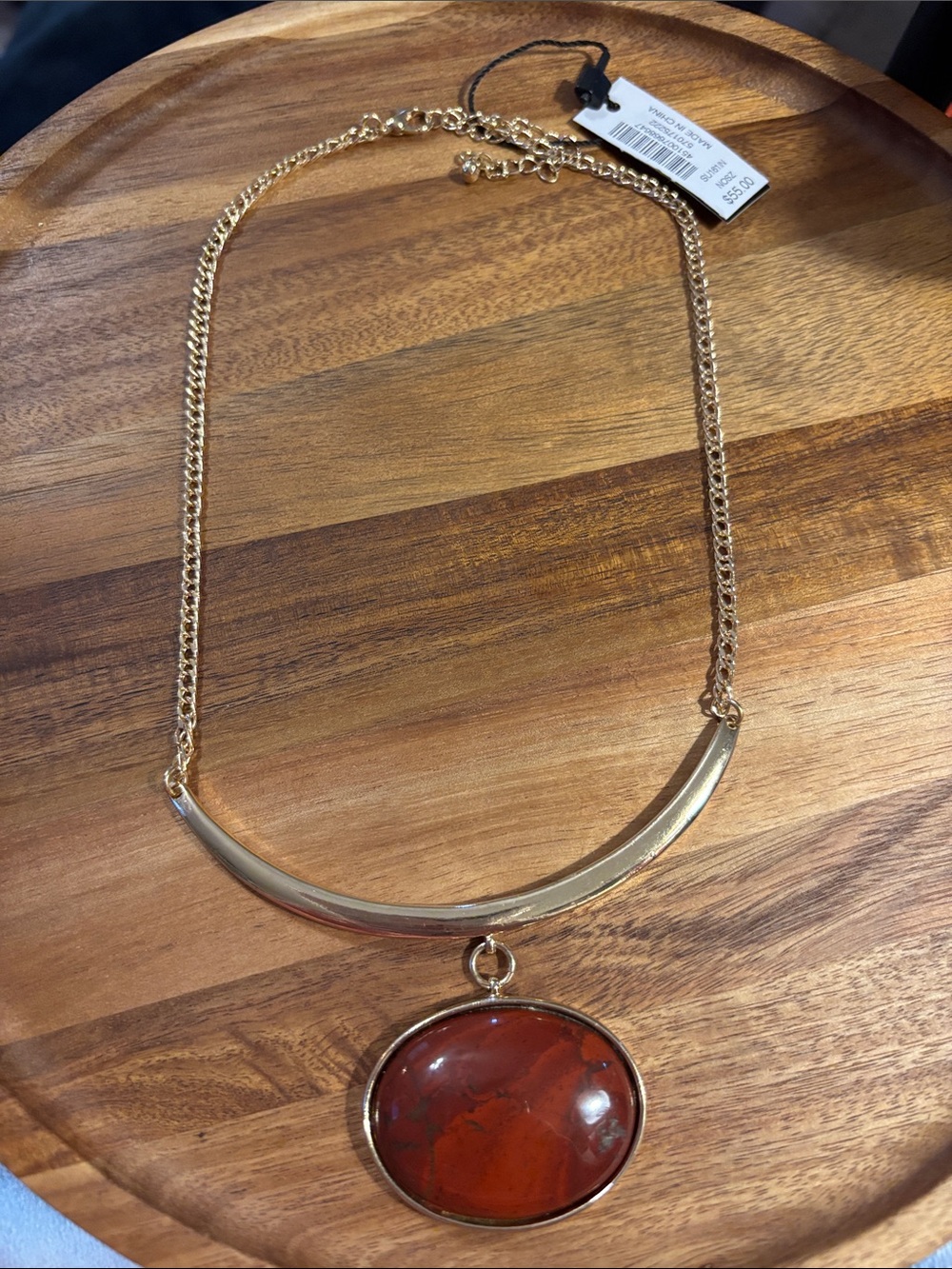 Gold-Tone Necklace with Red Stone Pendant - Women Jewelry